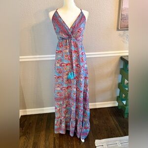 Sophie Maison Ibiza Boho Paisley Maxi Dress S/M Tassel Tie Strappy Resort Gypsy